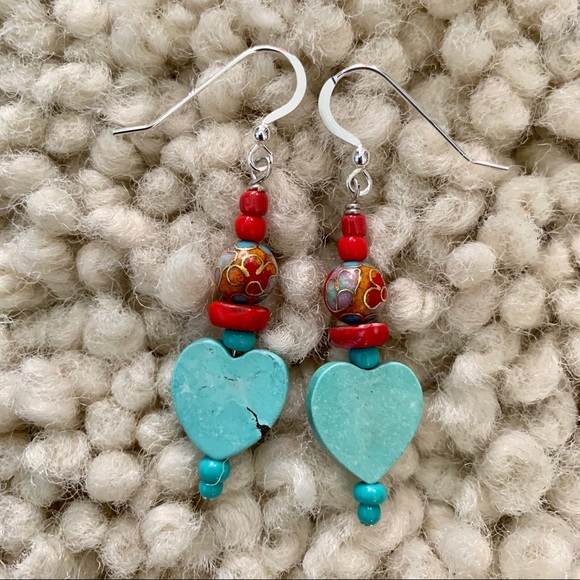 ❣️SALE Turquoise Heart & Vintage Red Bead Earrings - Picture 8 of 12
